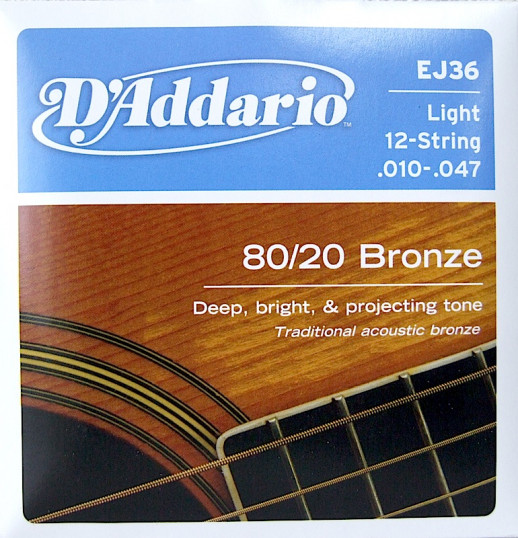 Струны для акустической 12-струнной гитары D`Addario EJ36 бронза 80/20, Light 10-47